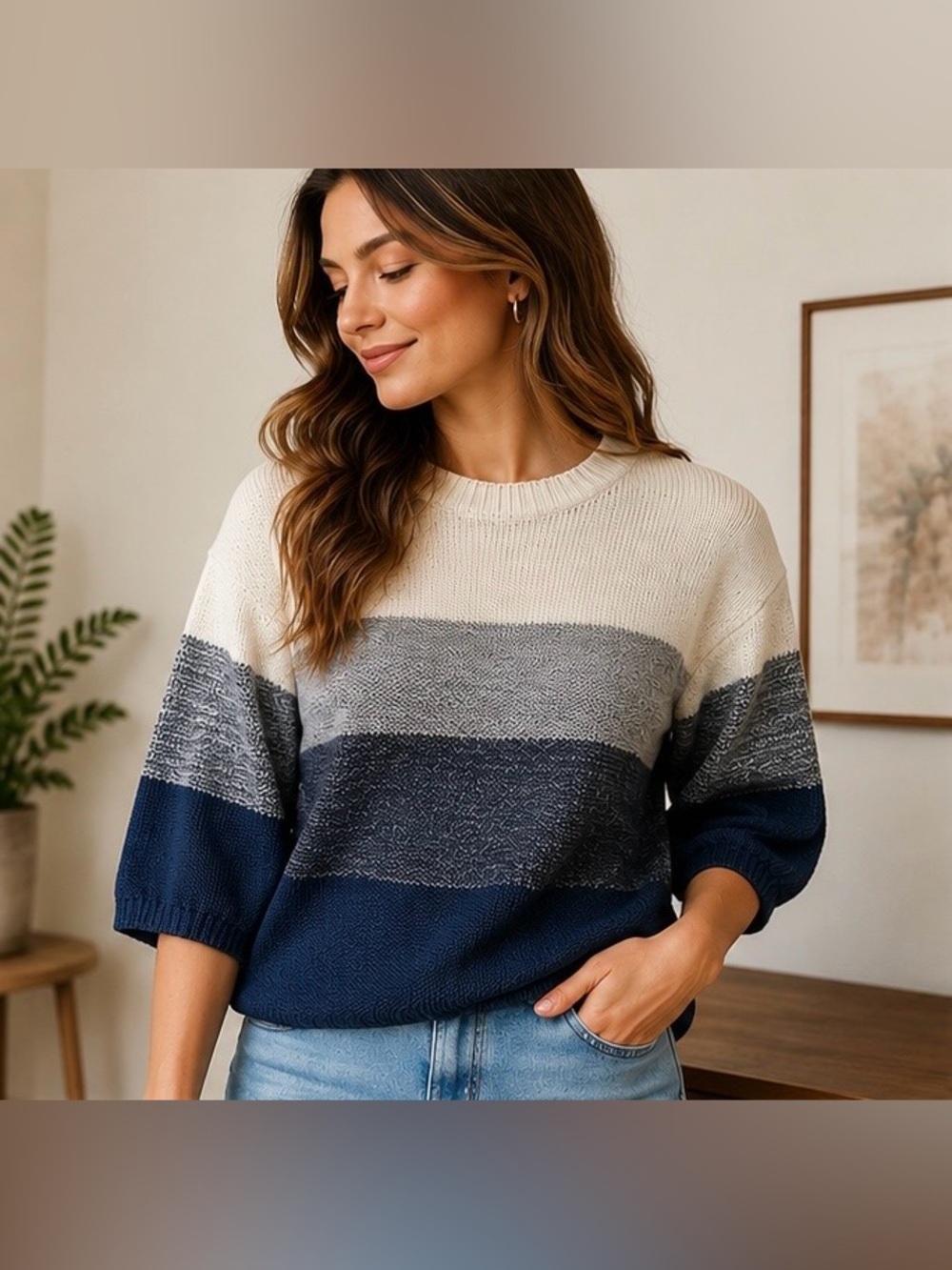 Amour Vert %100 Organic Cotton Block Crewneck Sweater 3/4 Puff sleeves